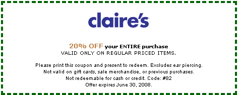 Like Claire's coupons? Try these... Claire's Coupons, Sales & Promo Codes. For Claire's coupon codes and deals, just follow this link to the website to browse their current offerings.