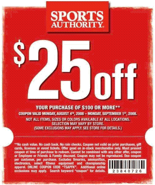 Sports Authority: $25 Off Of $100 Purchase (08/12 - 09/01): Take $25 Off 