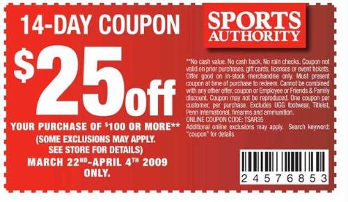 Sports Authority : $25 Off of $100 Purchase (03/24 - 04/04): 14 Day coupon 