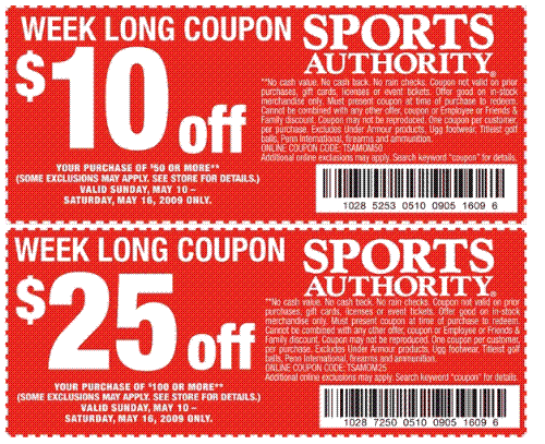 Sports Authority $10 - $25 Off Coupon (05/12 - 05/16): Save $10 on purchases 